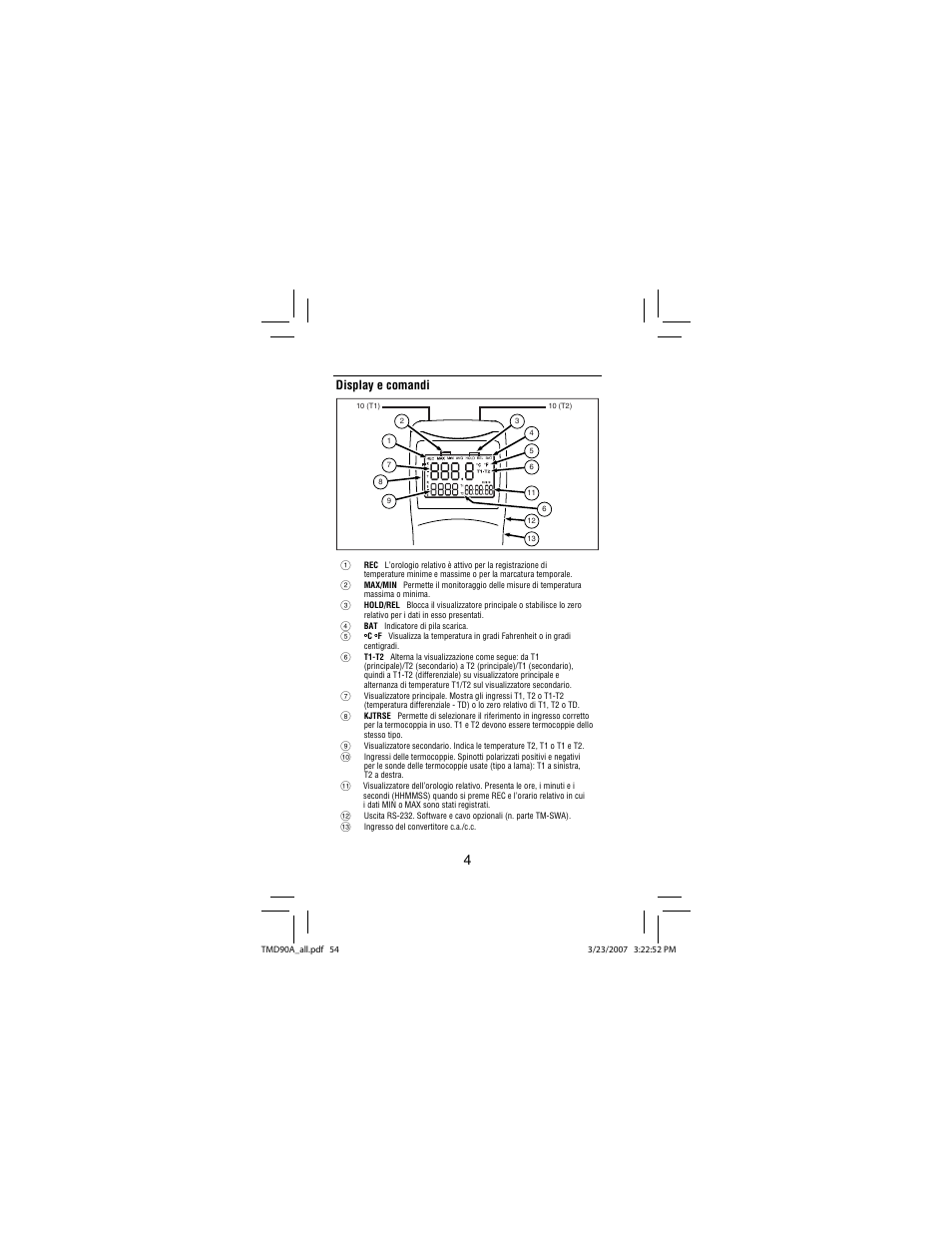 Display e comandi | Amprobe TMD90A Dual-Input-Digital-Thermometer User Manual | Page 55 / 81