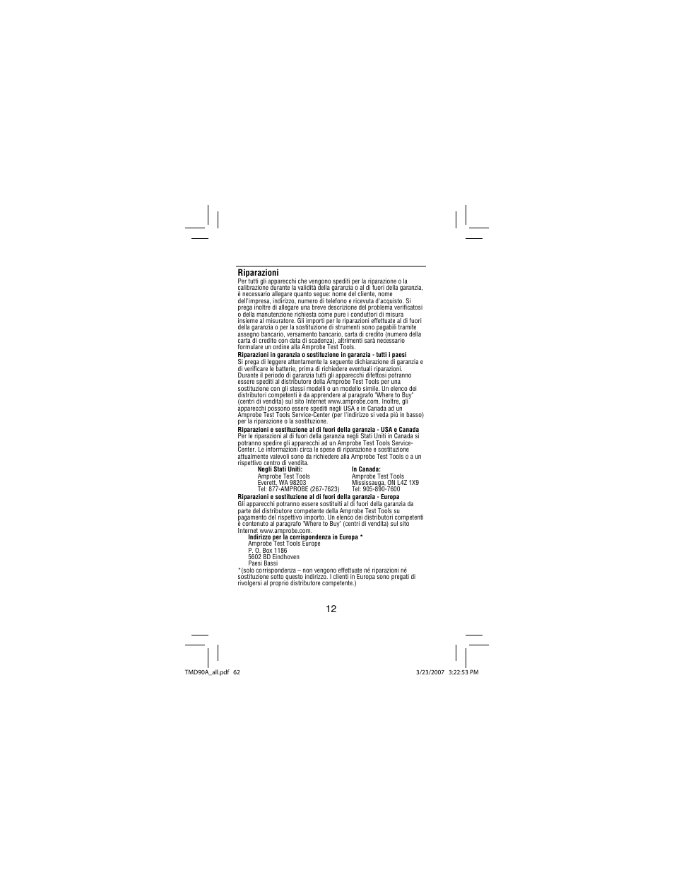 Riparazioni | Amprobe TMD90A Dual-Input-Digital-Thermometer User Manual | Page 63 / 81