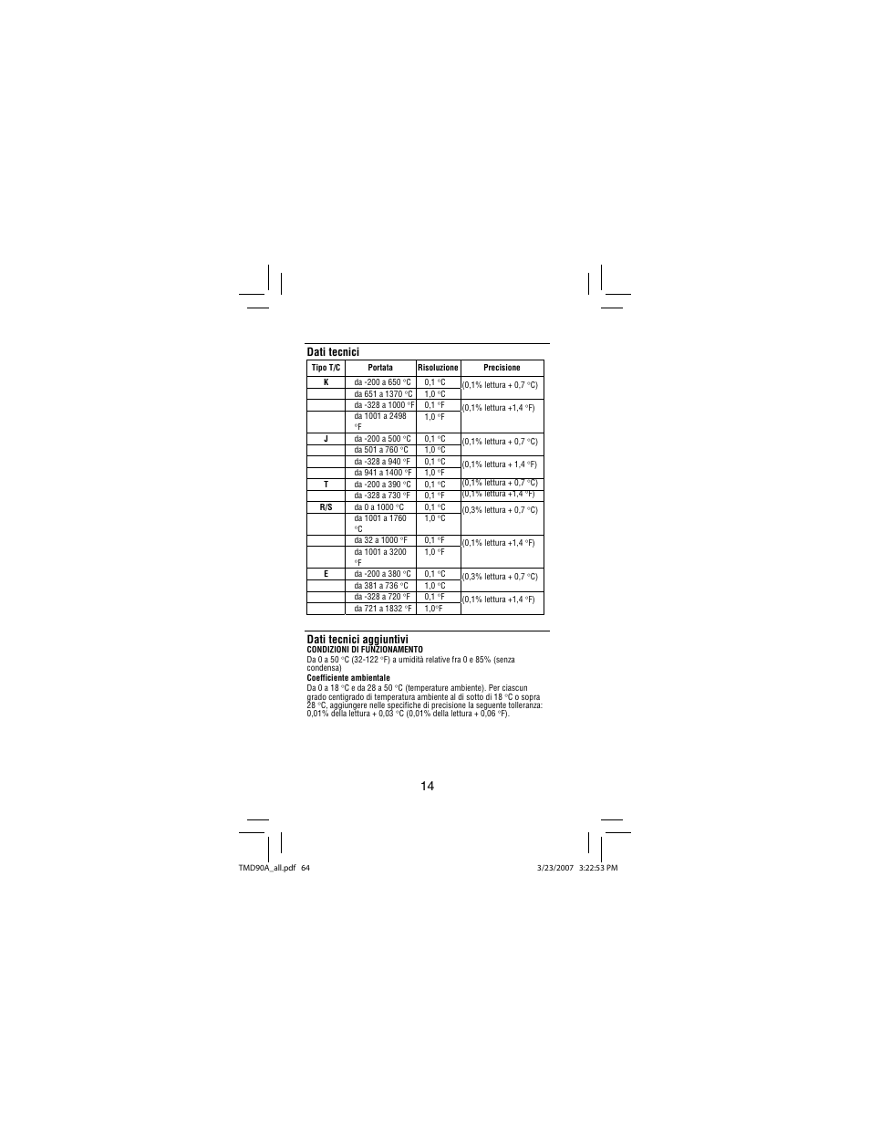 Dati tecnici, Dati tecnici aggiuntivi | Amprobe TMD90A Dual-Input-Digital-Thermometer User Manual | Page 65 / 81