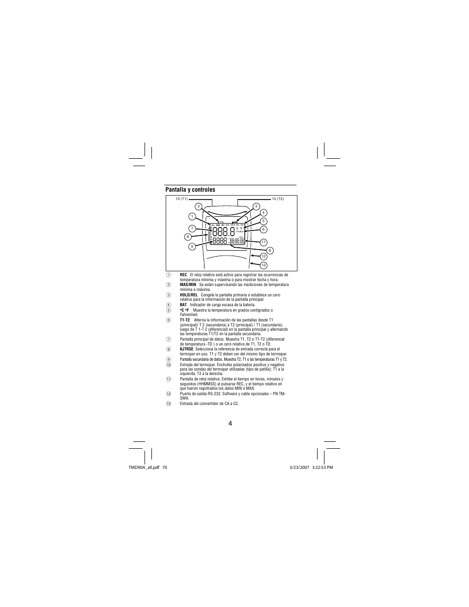 Pantalla y controles | Amprobe TMD90A Dual-Input-Digital-Thermometer User Manual | Page 71 / 81
