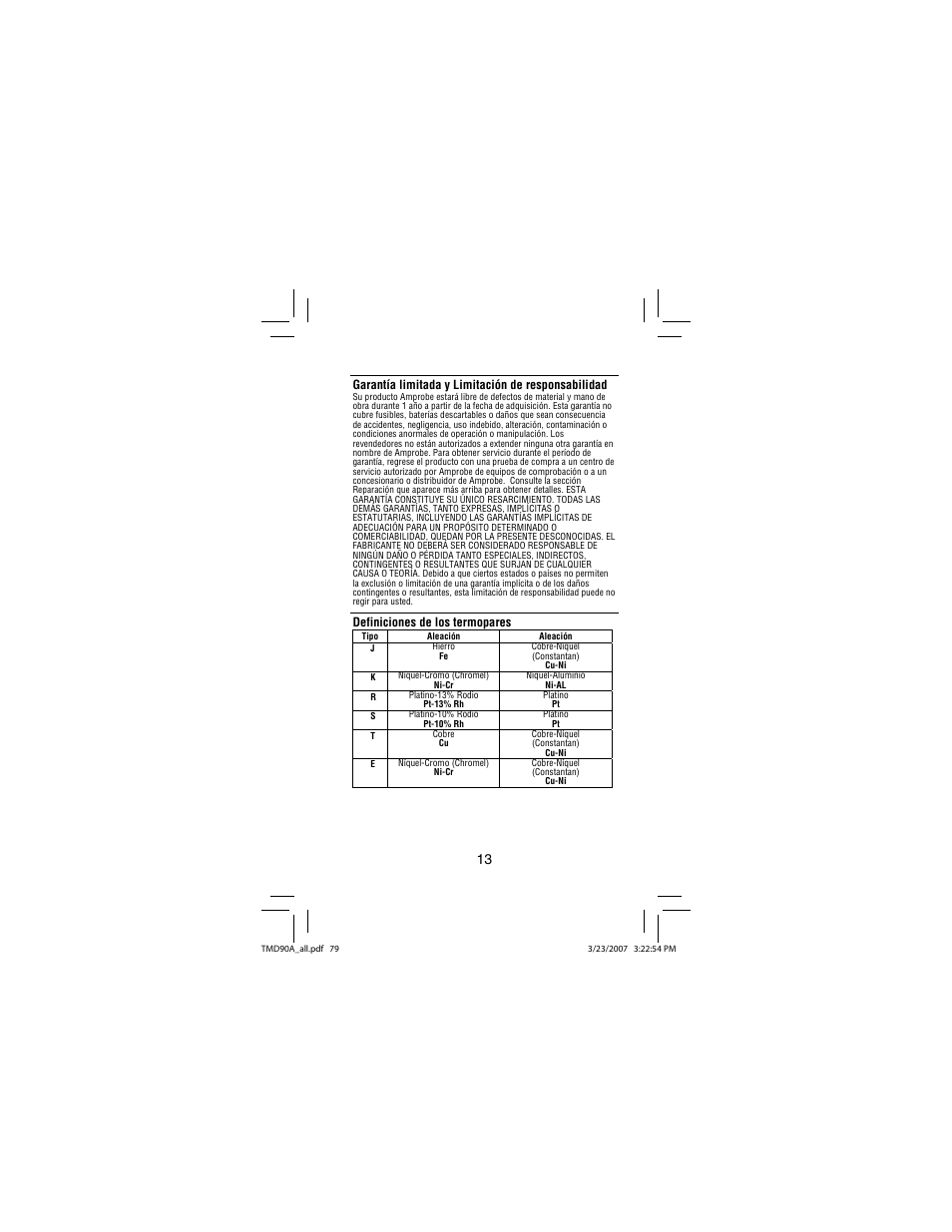 Garantía limitada y limitación de responsabilidad, Definiciones de los termopares | Amprobe TMD90A Dual-Input-Digital-Thermometer User Manual | Page 80 / 81