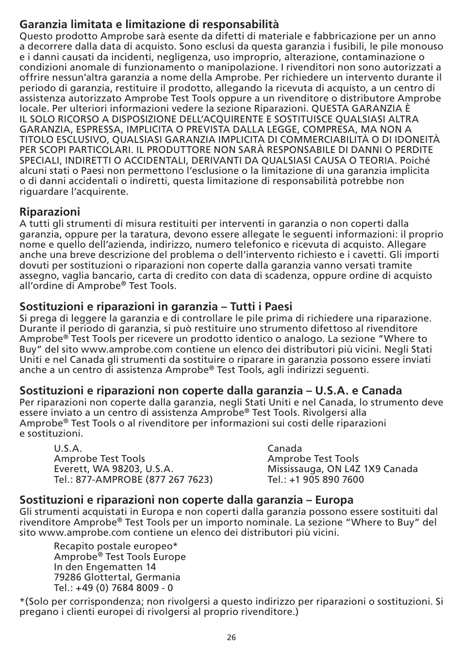 Garanzia limitata e limitazione di responsabilità, Riparazioni | Amprobe TMULD-300 ULD-300 Ultrasonic-Leak-Detectors User Manual | Page 27 / 50