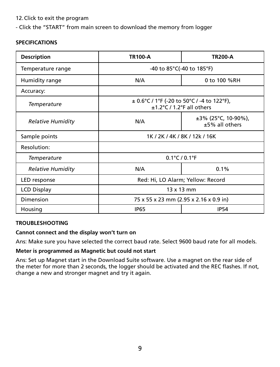 Amprobe TR100-A TR200-A Temperature-Humidity-Data-Loggers User Manual | Page 10 / 62