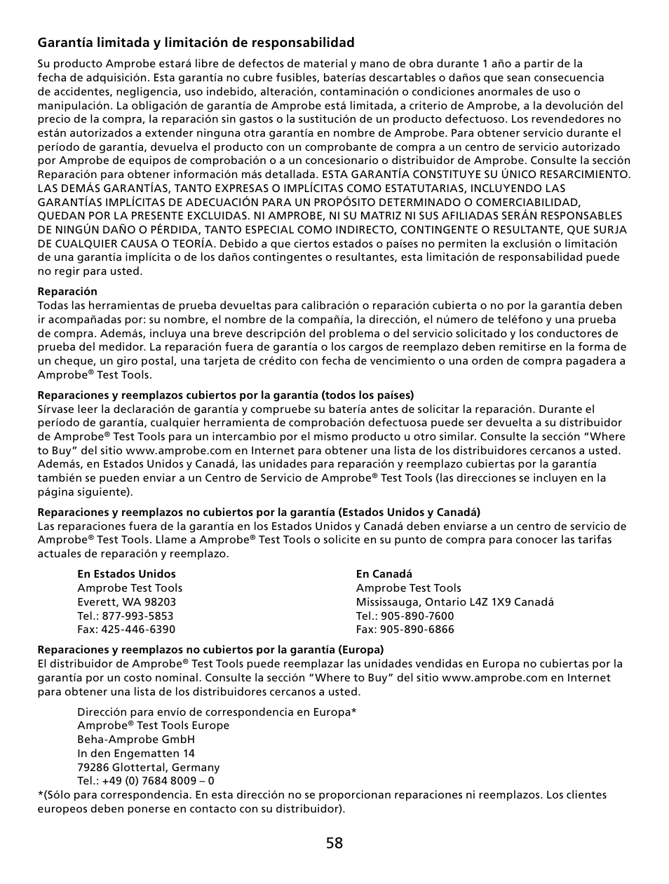 Garantía limitada y limitación de responsabilidad | Amprobe TR300 Temperature-Relative-Humidity-Data-Logger User Manual | Page 59 / 86