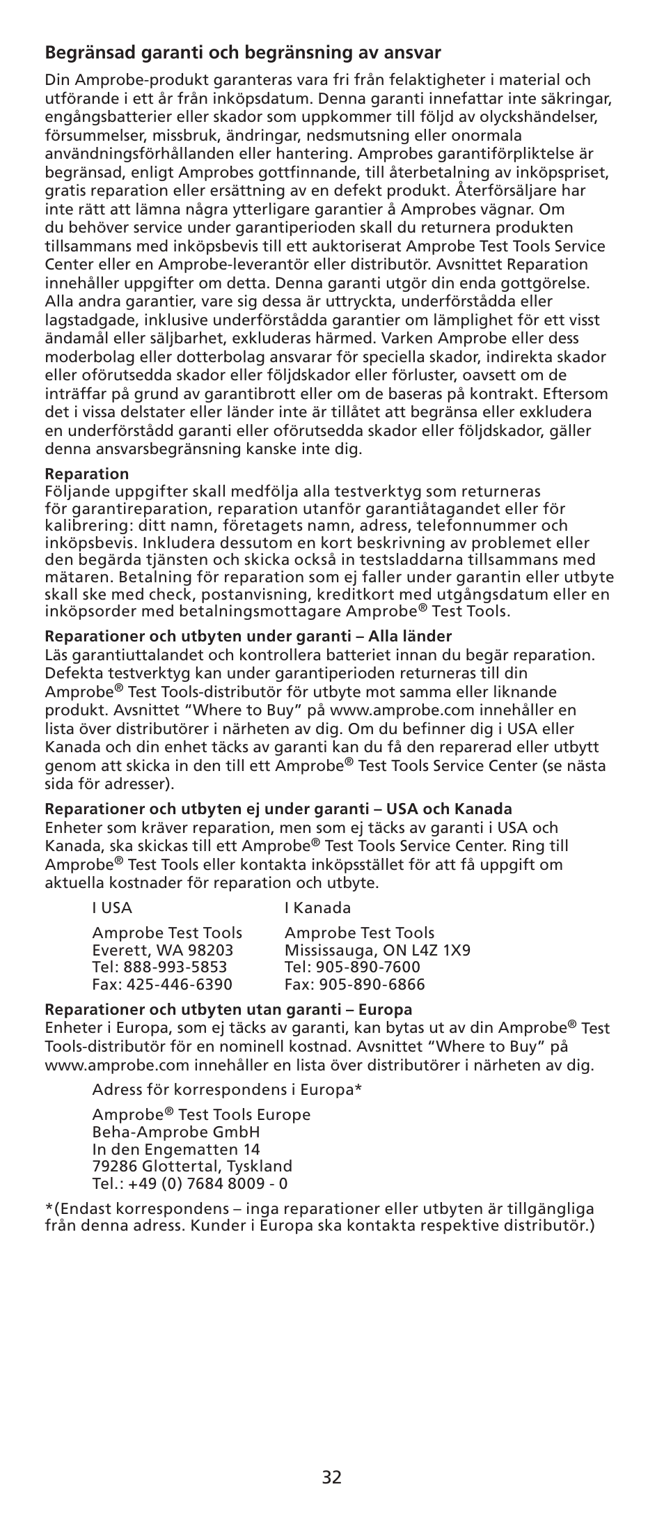 32 begränsad garanti och begränsning av ansvar | Amprobe TX900 Microwave-Leakage-Detector User Manual | Page 33 / 38