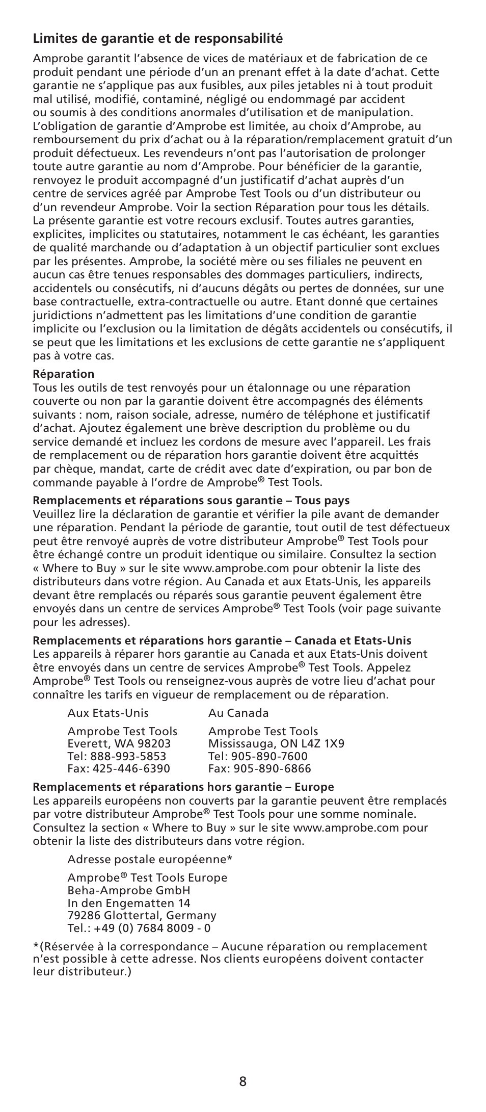 8limites de garantie et de responsabilité | Amprobe TX900 Microwave-Leakage-Detector User Manual | Page 9 / 38