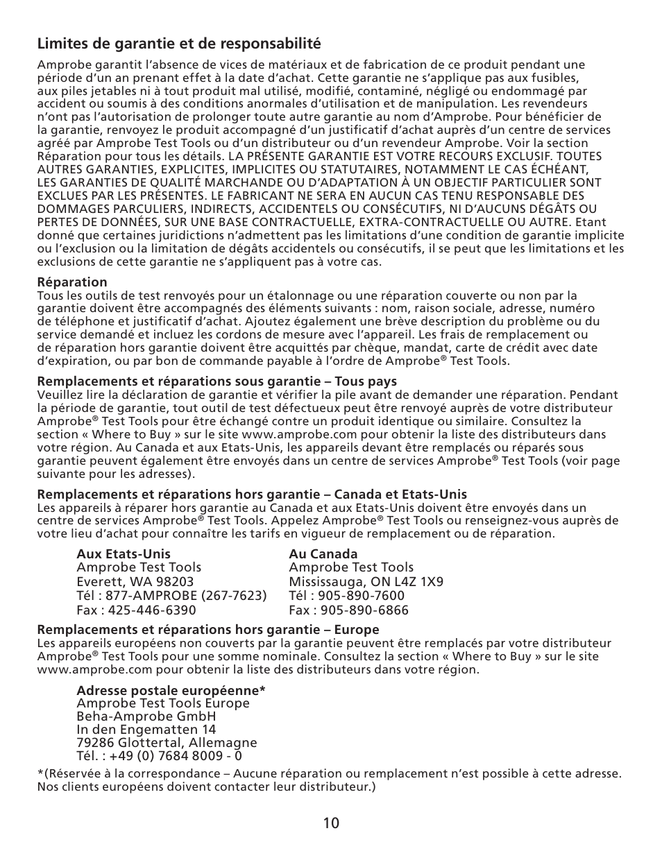 10 limites de garantie et de responsabilité | Amprobe UDM45 Ultrasonic-Distance-Meter User Manual | Page 11 / 50