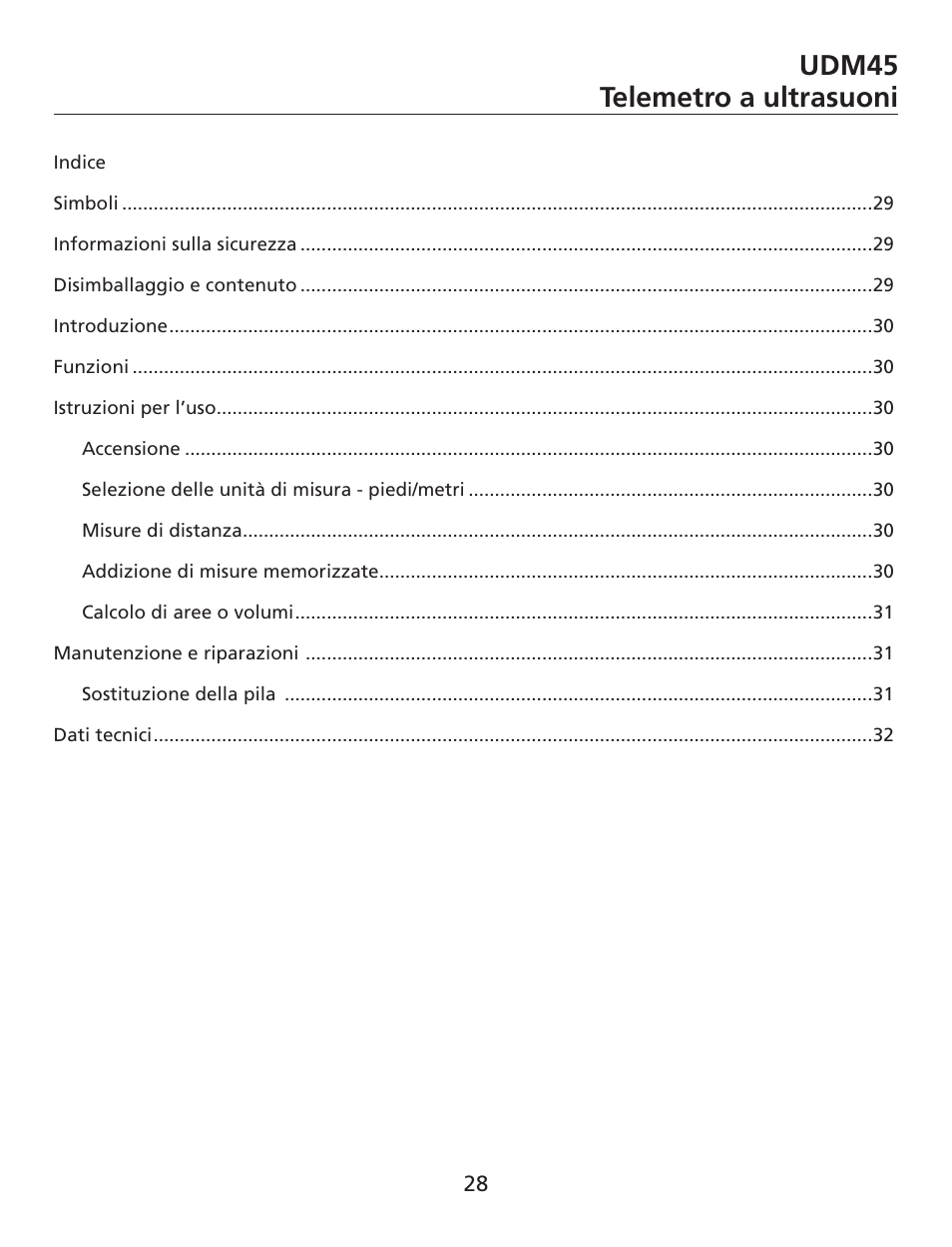 Udm45 telemetro a ultrasuoni | Amprobe UDM45 Ultrasonic-Distance-Meter User Manual | Page 29 / 50