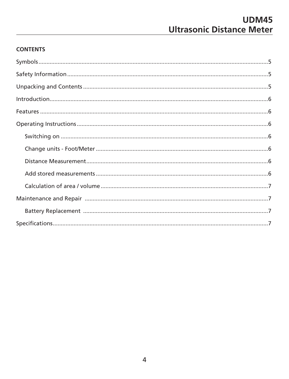 Udm45 ultrasonic distance meter | Amprobe UDM45 Ultrasonic-Distance-Meter User Manual | Page 5 / 50