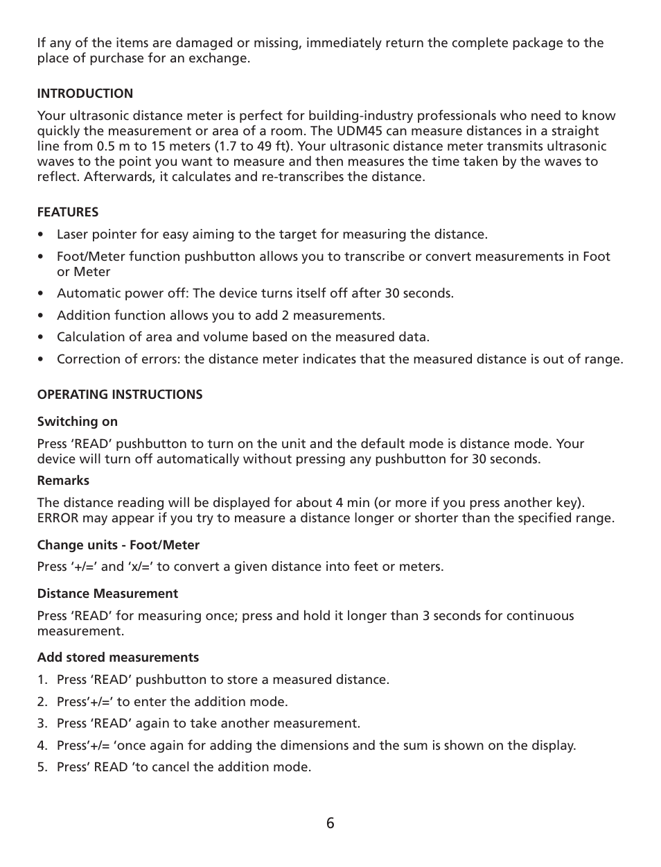Amprobe UDM45 Ultrasonic-Distance-Meter User Manual | Page 7 / 50