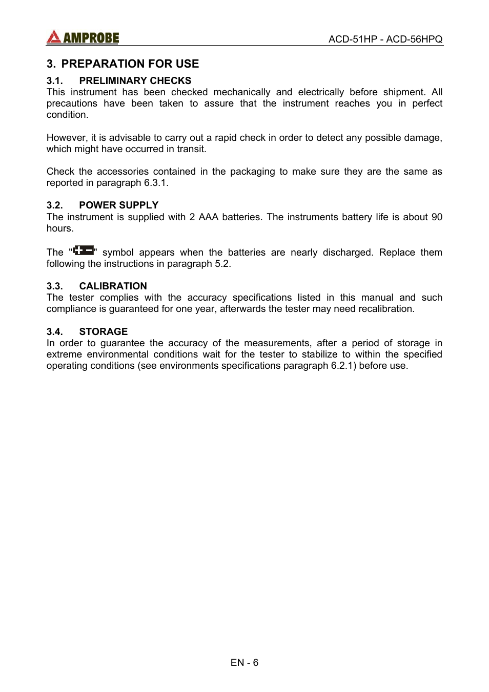 Preparation for use, Preliminary checks, Power supply | Calibration, Storage | Amprobe ACD-51HP Power-Quality-Clamp-Ons User Manual | Page 10 / 71