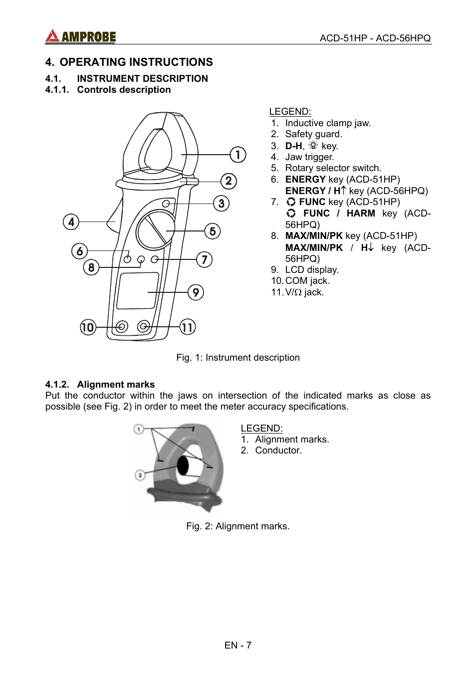 Operating instructions, Instrument description, Controls description | Alignment marks | Amprobe ACD-51HP Power-Quality-Clamp-Ons User Manual | Page 11 / 71