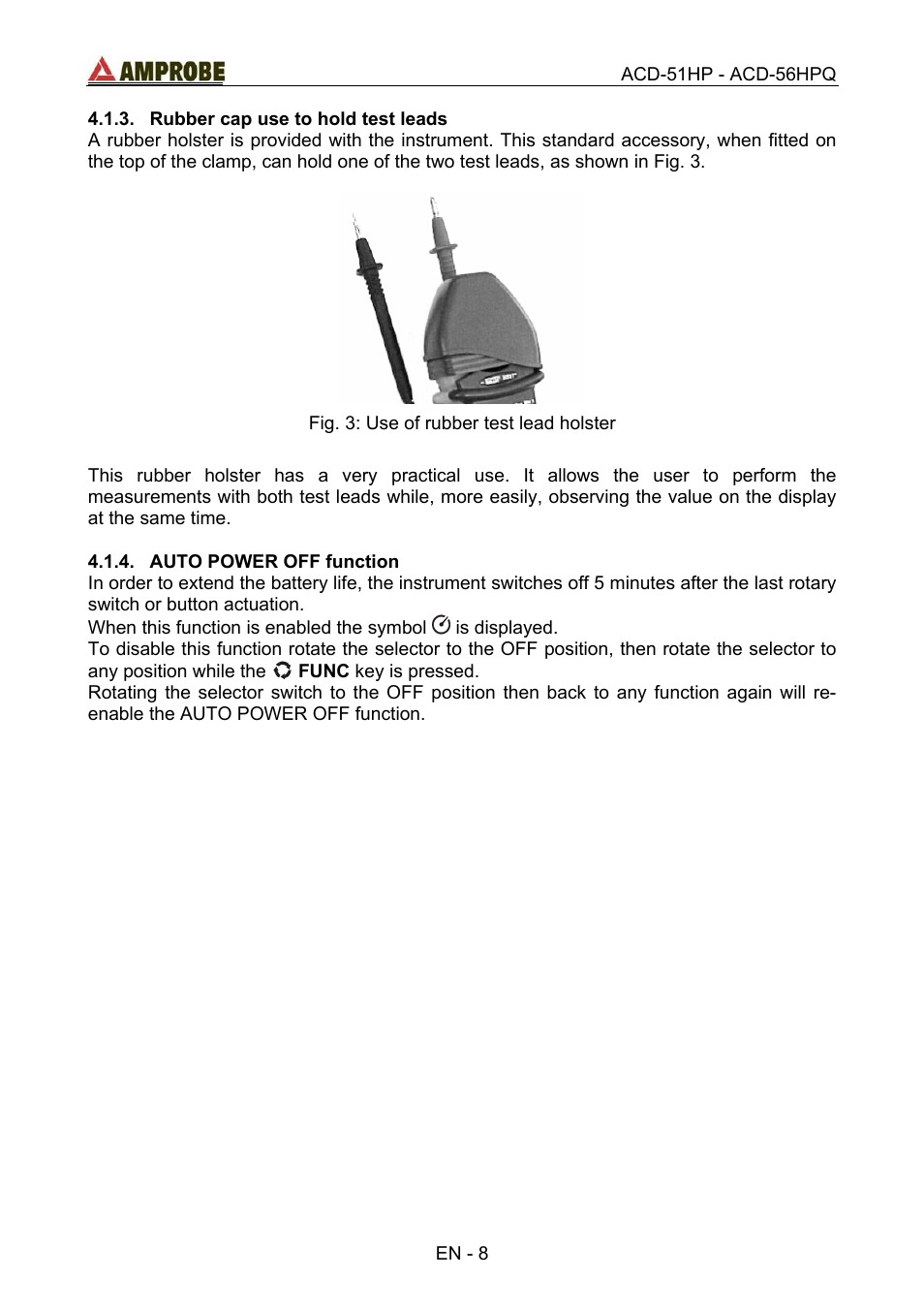 Rubber cap use to hold test leads, Auto power off function | Amprobe ACD-51HP Power-Quality-Clamp-Ons User Manual | Page 12 / 71