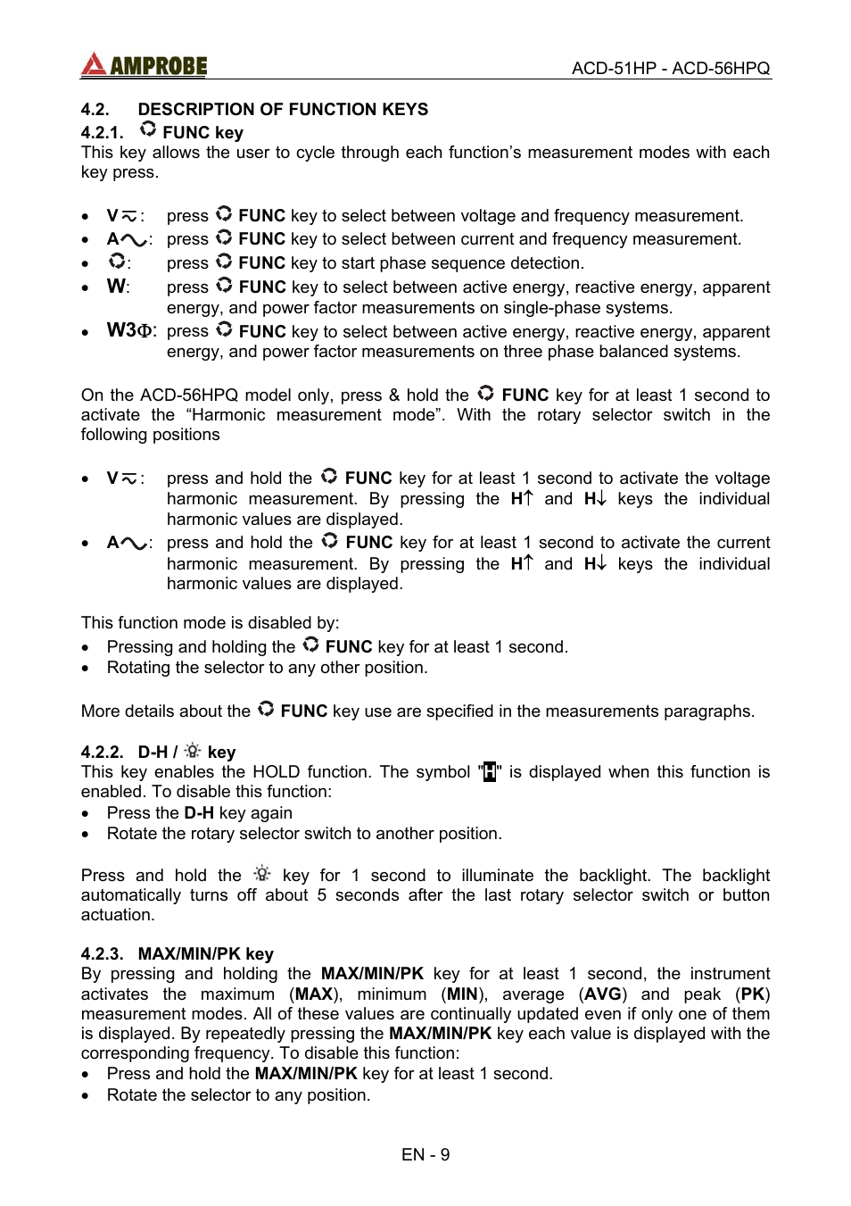 Description of function keys, Func key, D-h /  key | Max/min/pk key | Amprobe ACD-51HP Power-Quality-Clamp-Ons User Manual | Page 13 / 71