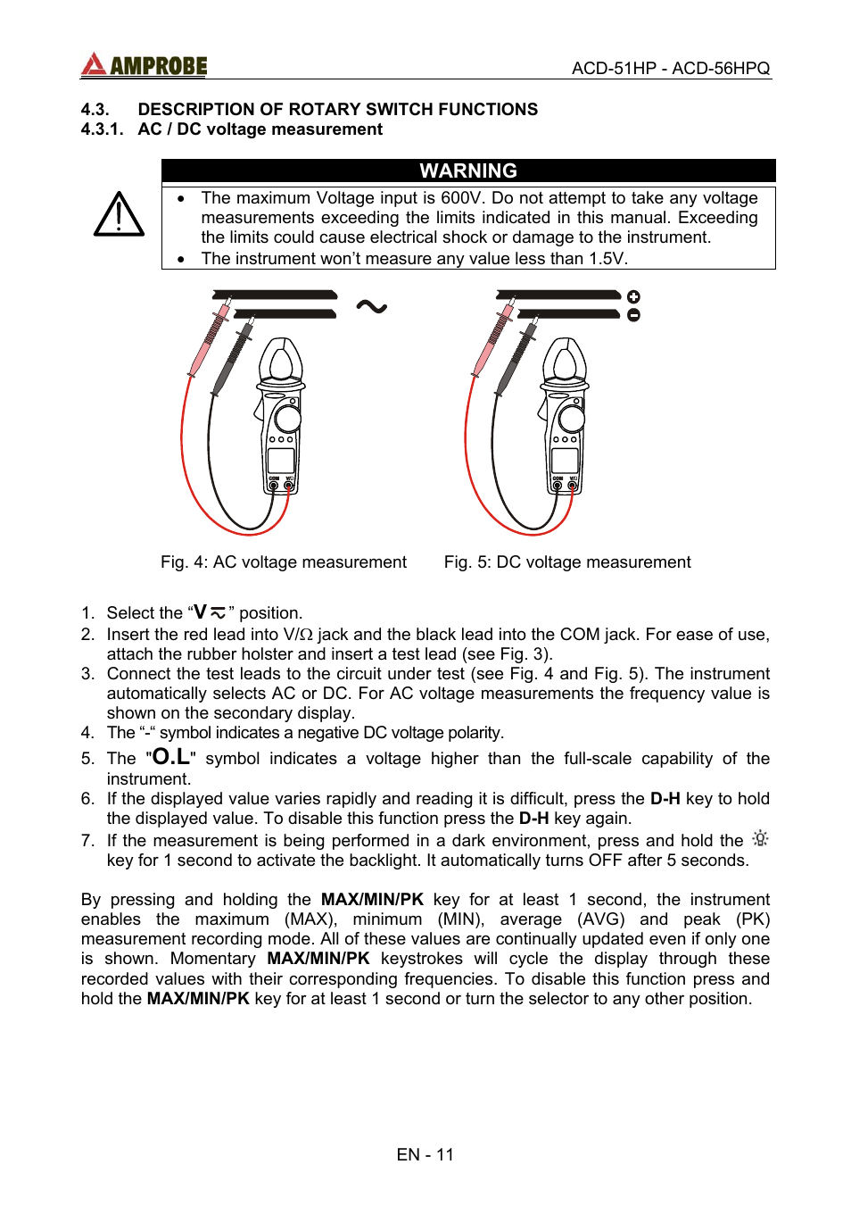 Description of rotary switch functions, Ac / dc voltage measurement | Amprobe ACD-51HP Power-Quality-Clamp-Ons User Manual | Page 15 / 71