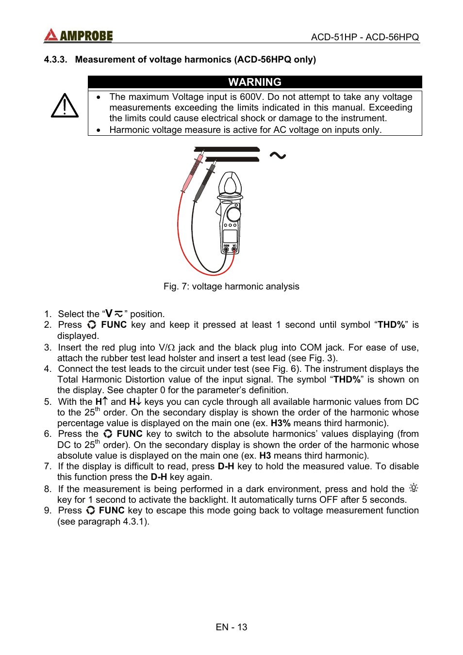 Measurement of voltage harmonics (acd-56hpq only), Warning | Amprobe ACD-51HP Power-Quality-Clamp-Ons User Manual | Page 17 / 71