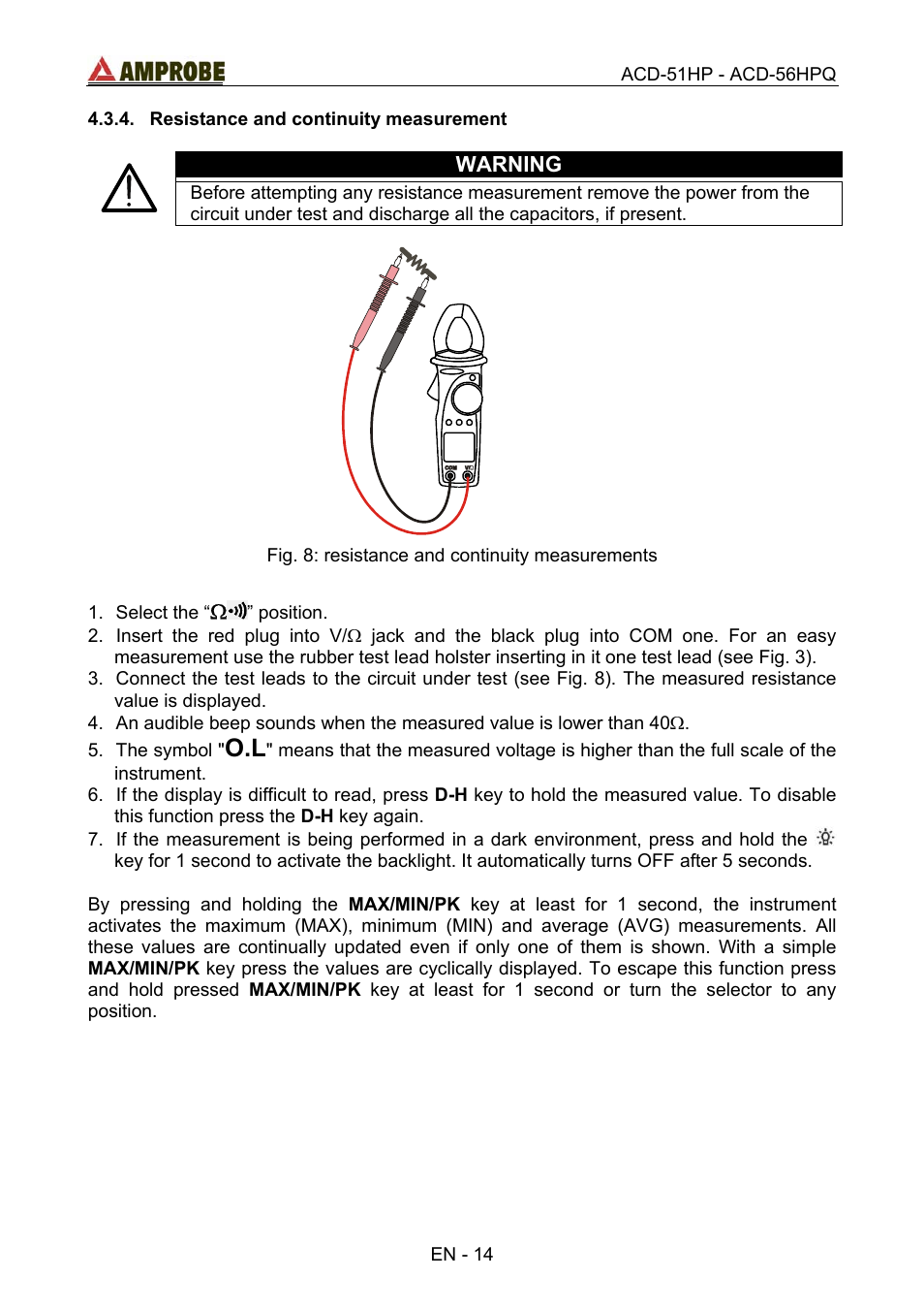 Resistance and continuity measurement | Amprobe ACD-51HP Power-Quality-Clamp-Ons User Manual | Page 18 / 71