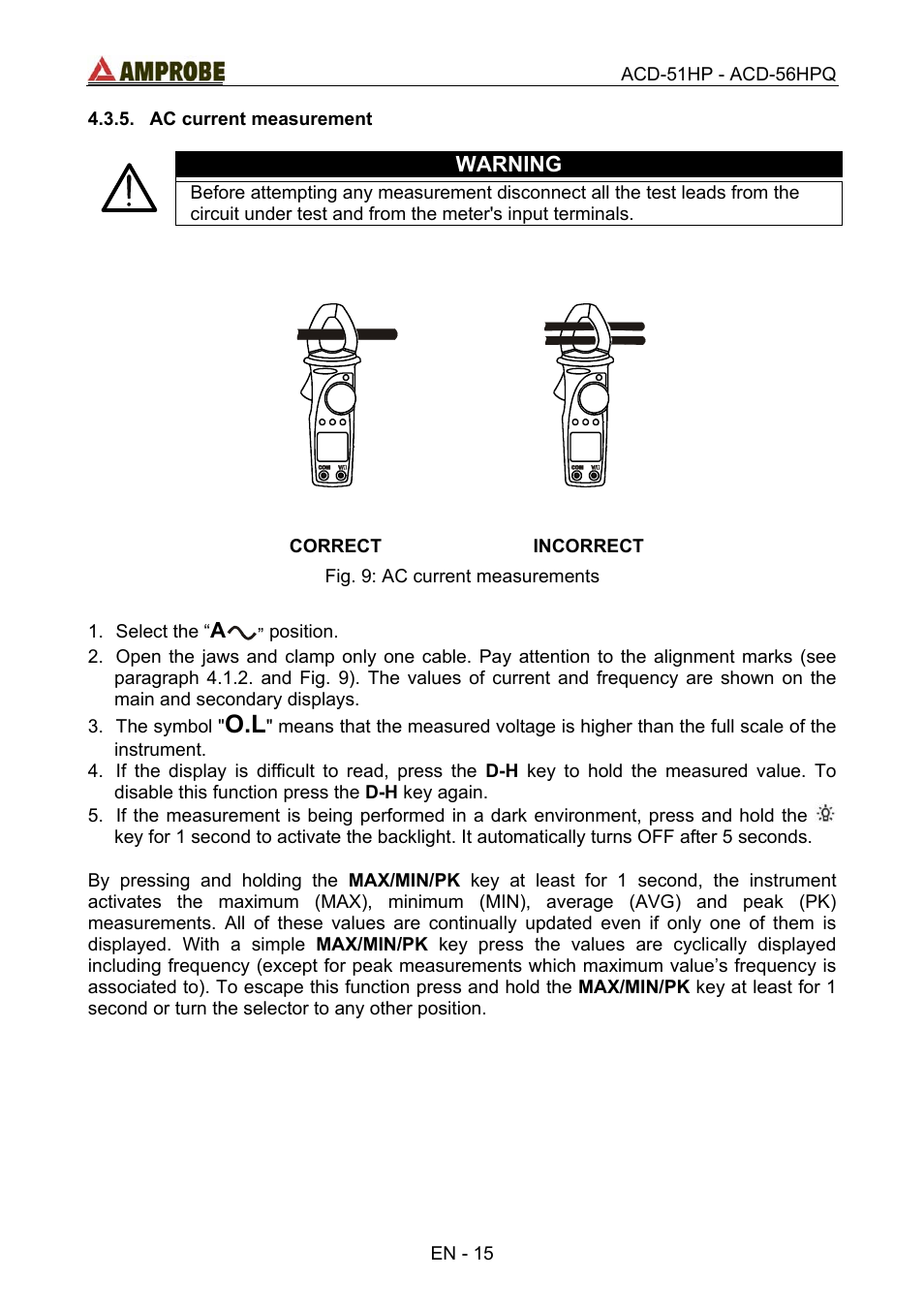 Ac current measurement, Correct, Incorrect | Amprobe ACD-51HP Power-Quality-Clamp-Ons User Manual | Page 19 / 71