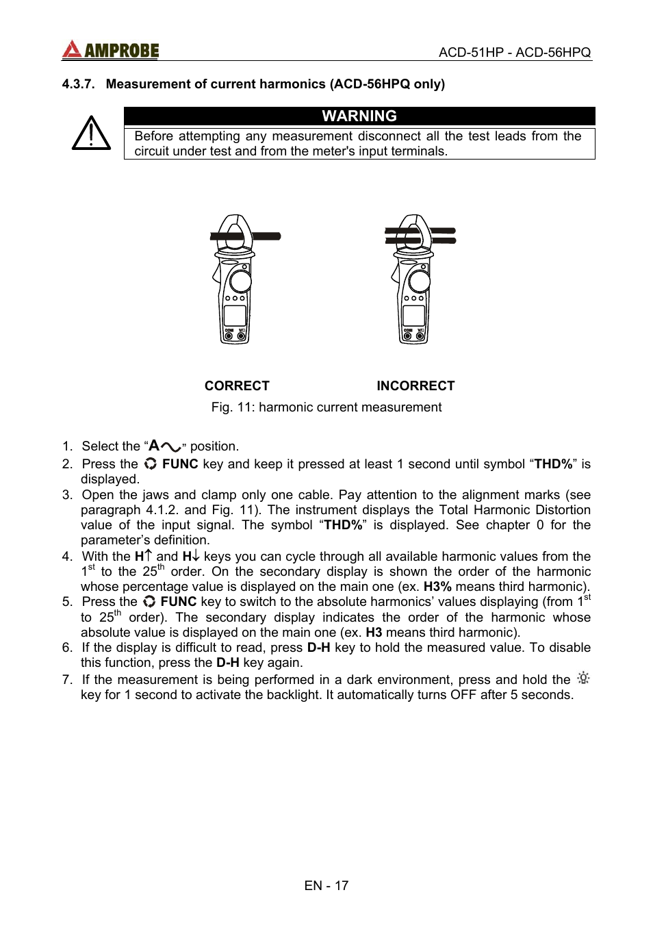 Measurement of current harmonics (acd-56hpq only), Correct, Incorrect | Warning | Amprobe ACD-51HP Power-Quality-Clamp-Ons User Manual | Page 21 / 71