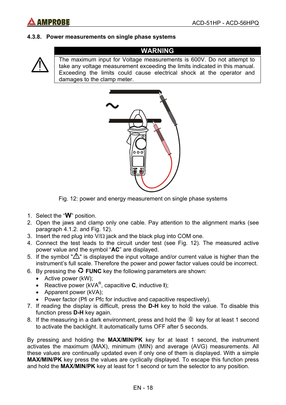 Power measurements on single phase systems, Warning | Amprobe ACD-51HP Power-Quality-Clamp-Ons User Manual | Page 22 / 71