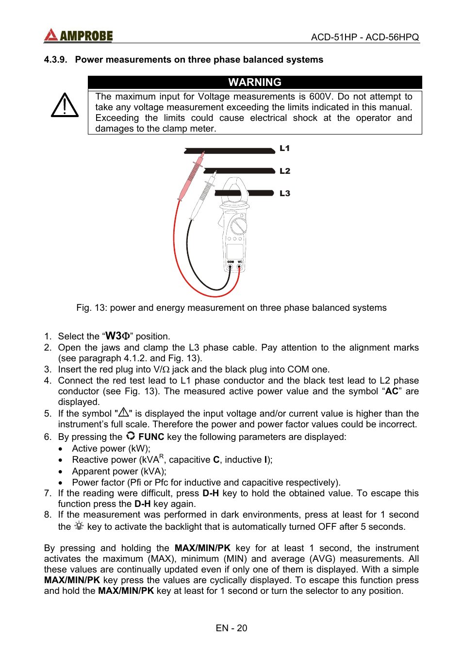 Power measurements on three phase balanced systems, Warning, W3 φ | Amprobe ACD-51HP Power-Quality-Clamp-Ons User Manual | Page 24 / 71