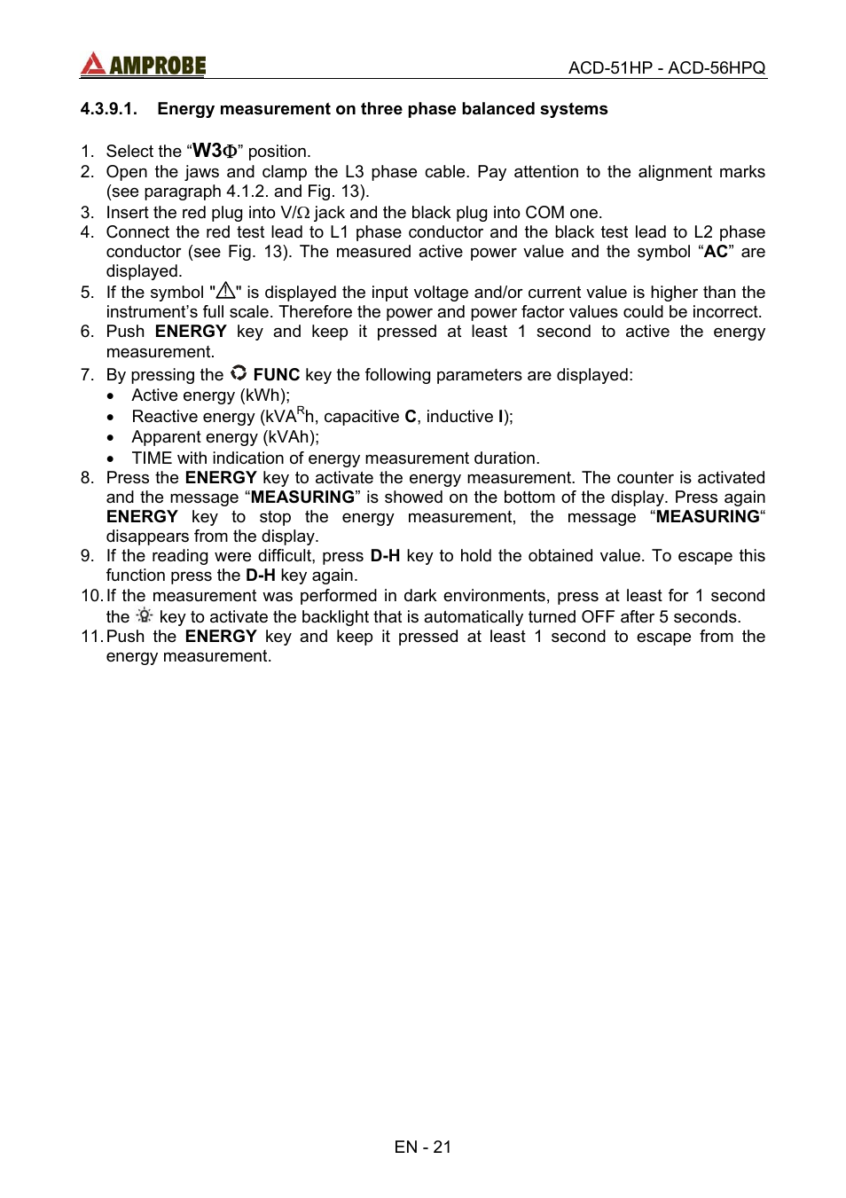 Energy measurement on three phase balanced systems | Amprobe ACD-51HP Power-Quality-Clamp-Ons User Manual | Page 25 / 71