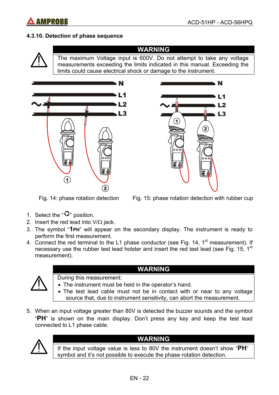 Detection of phase sequence, Warning, L1 l2 l3 n | Amprobe ACD-51HP Power-Quality-Clamp-Ons User Manual | Page 26 / 71