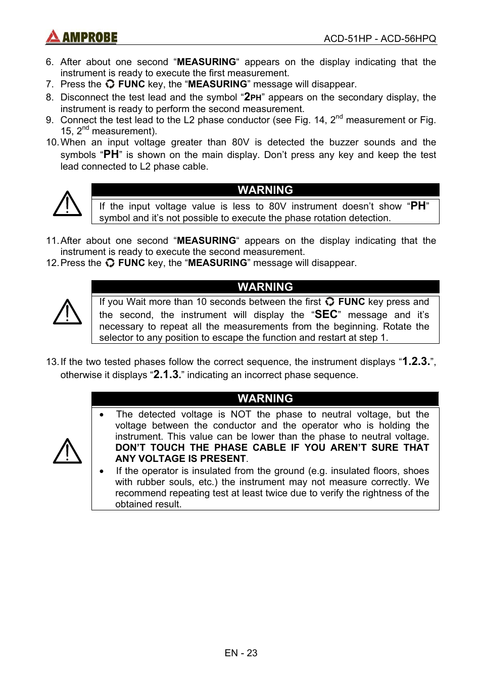 Warning | Amprobe ACD-51HP Power-Quality-Clamp-Ons User Manual | Page 27 / 71