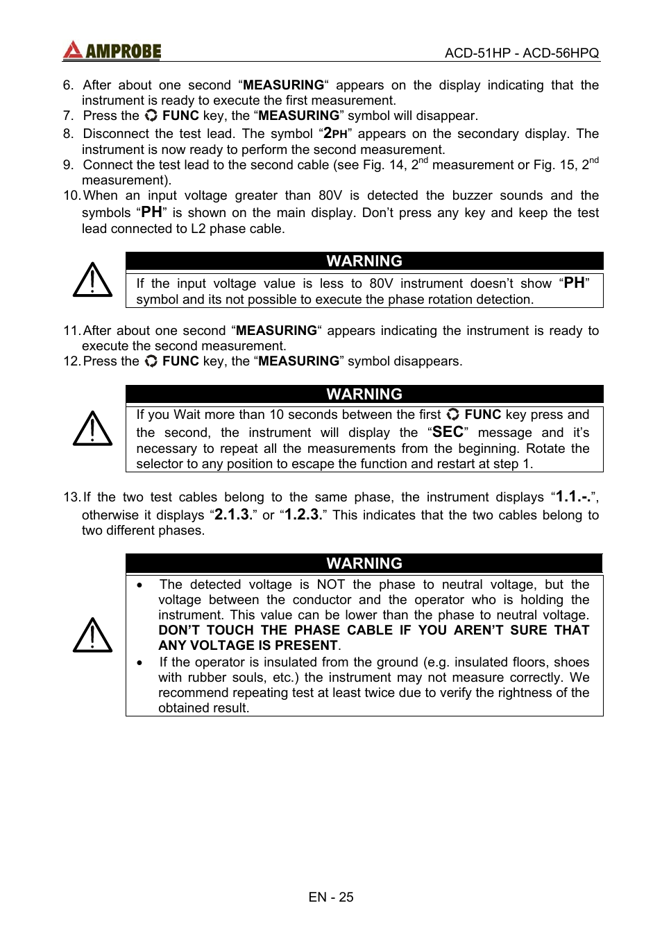 Warning | Amprobe ACD-51HP Power-Quality-Clamp-Ons User Manual | Page 29 / 71