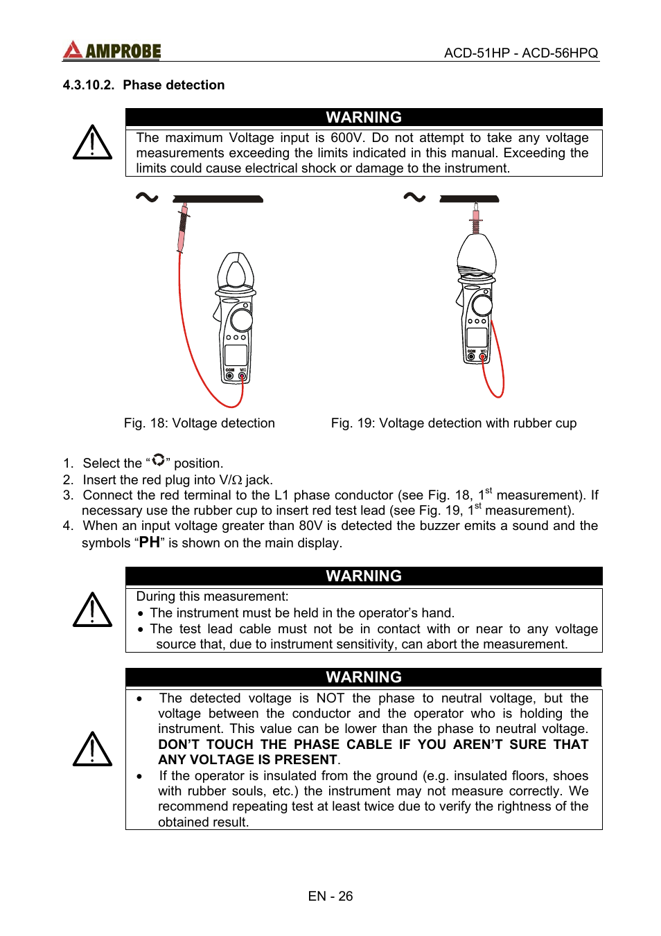 Phase detection, Phase, Detection | Warning | Amprobe ACD-51HP Power-Quality-Clamp-Ons User Manual | Page 30 / 71