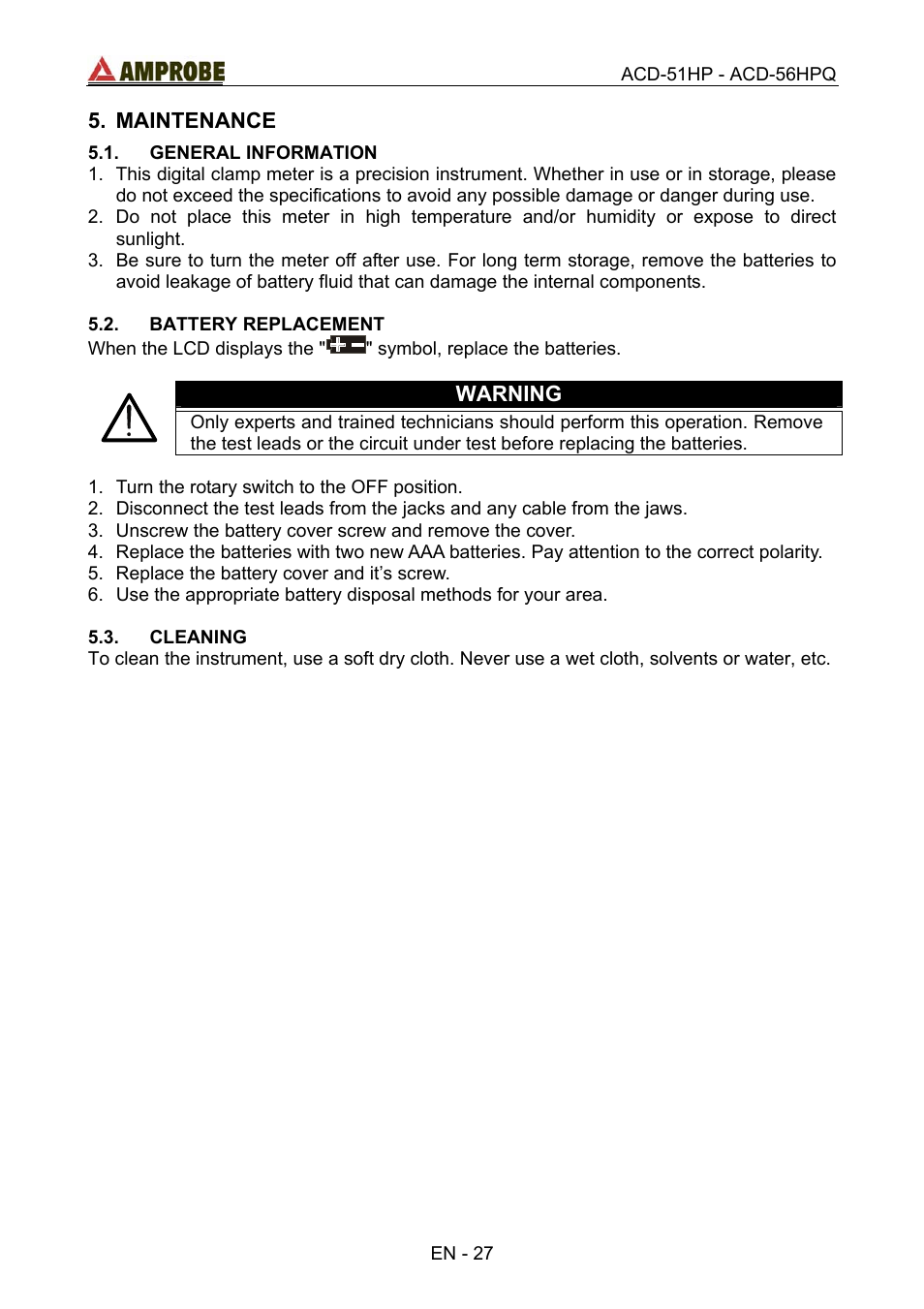 Maintenance, General information, Battery replacement | Cleaning, General, Information, Warning | Amprobe ACD-51HP Power-Quality-Clamp-Ons User Manual | Page 31 / 71