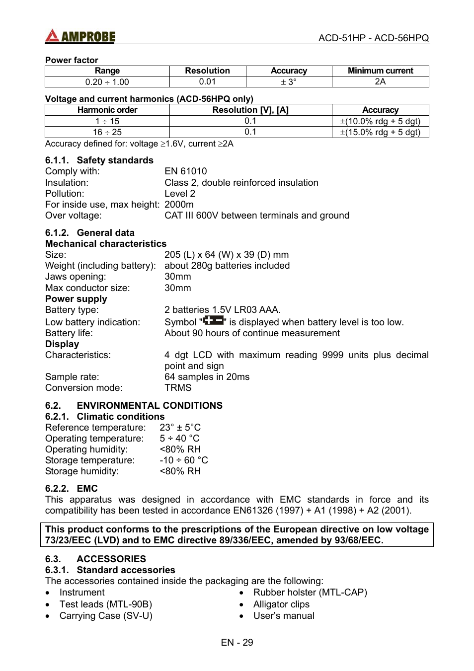 Safety standards, General data, Environmental conditions | Climatic conditions, Accessories, Standard accessories | Amprobe ACD-51HP Power-Quality-Clamp-Ons User Manual | Page 33 / 71