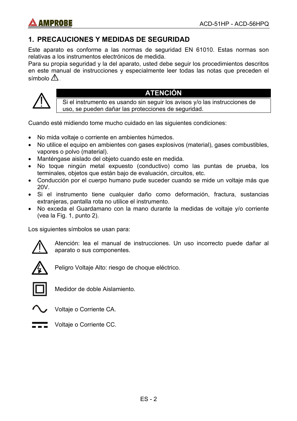 Precauciones y medidas de seguridad, Atención | Amprobe ACD-51HP Power-Quality-Clamp-Ons User Manual | Page 40 / 71