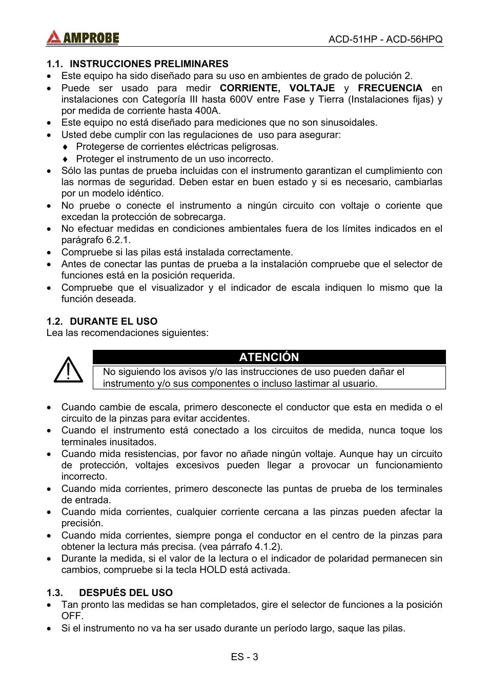 Instrucciones preliminares, Durante el uso, Después del uso | Amprobe ACD-51HP Power-Quality-Clamp-Ons User Manual | Page 41 / 71