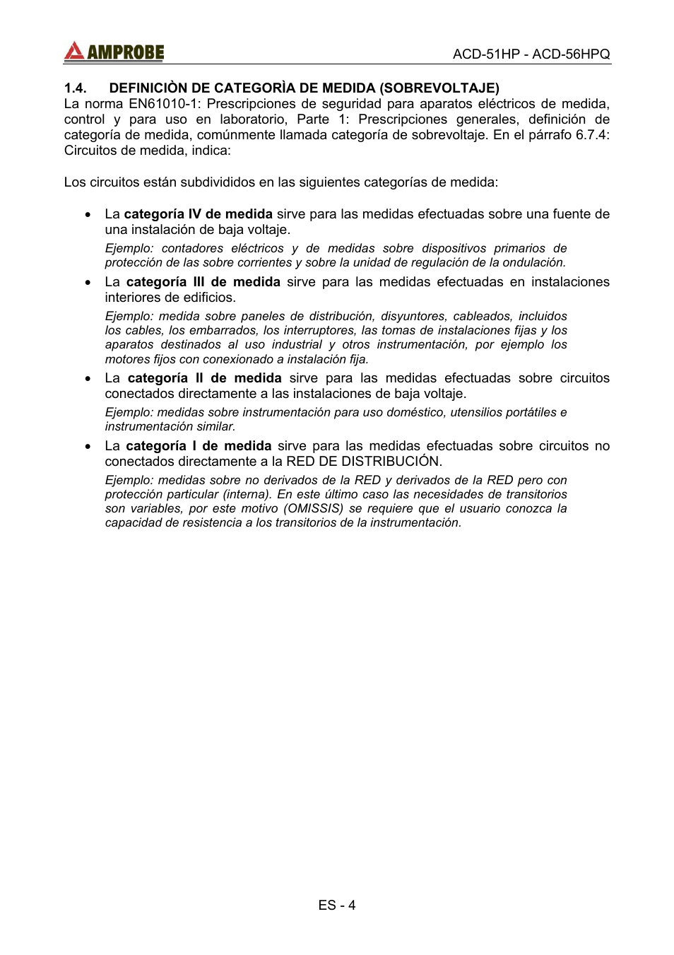 Definiciòn de categorìa de medida \(sobrevolta, Definiciòn de categorìa de medida (sobrevoltaje) | Amprobe ACD-51HP Power-Quality-Clamp-Ons User Manual | Page 42 / 71