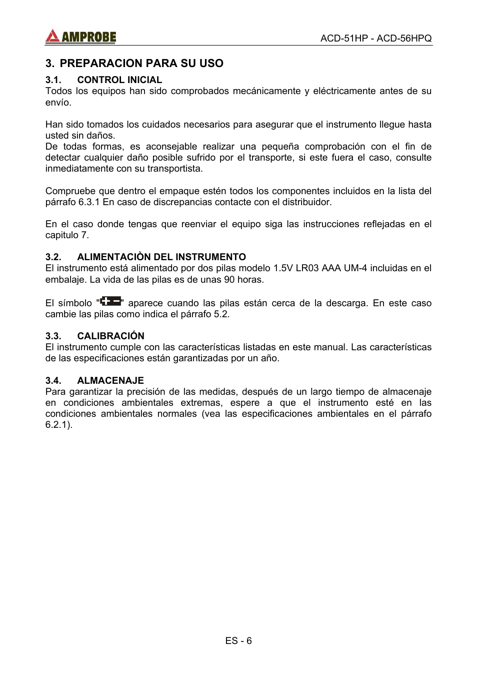 Preparacion para su uso, Control inicial, Alimentaciòn del instrumento | Calibración, Almacenaje | Amprobe ACD-51HP Power-Quality-Clamp-Ons User Manual | Page 44 / 71