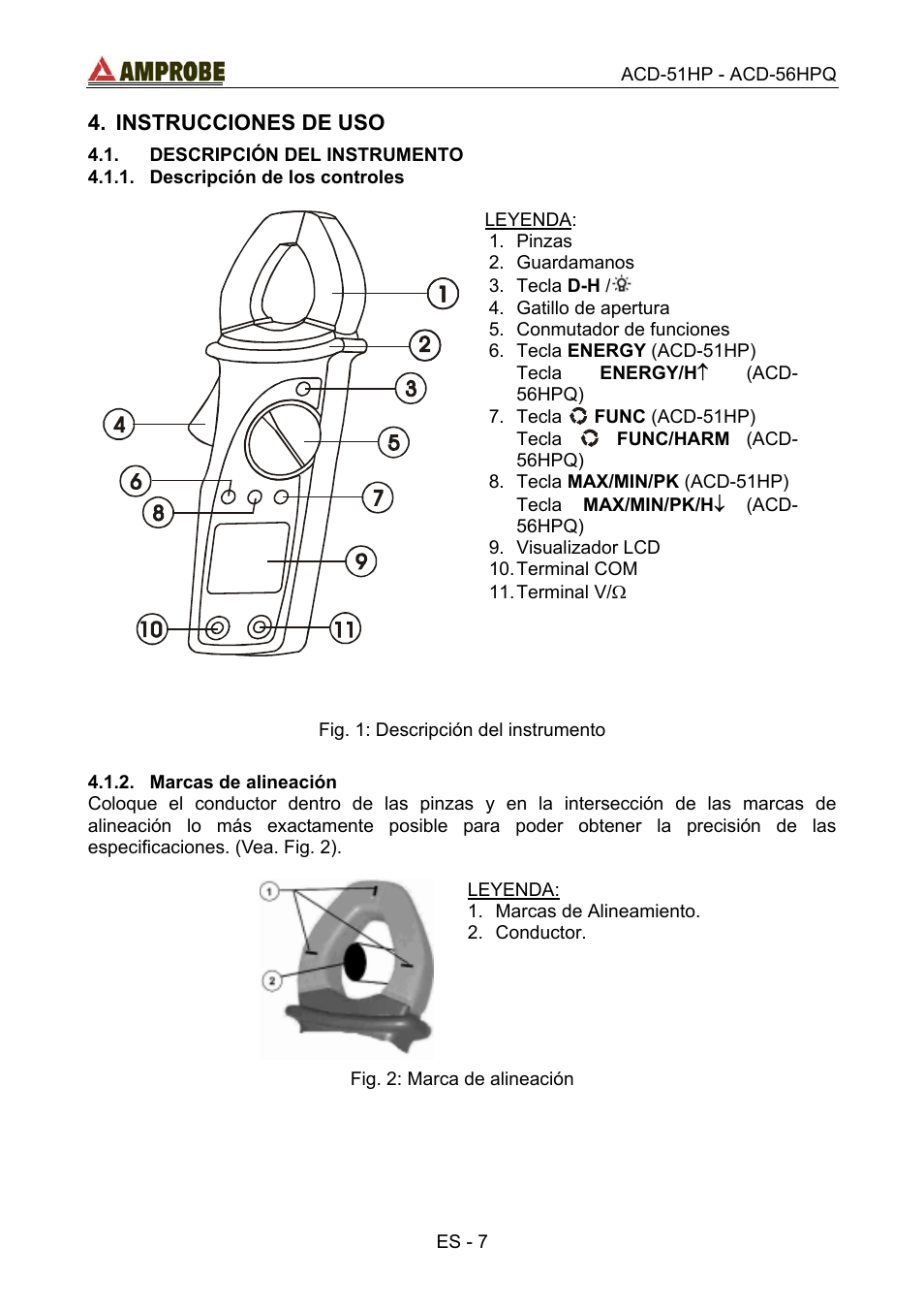 Instrucciones de uso, Descripción del instrumento, Descripción de los controles | Marcas de alineación | Amprobe ACD-51HP Power-Quality-Clamp-Ons User Manual | Page 45 / 71