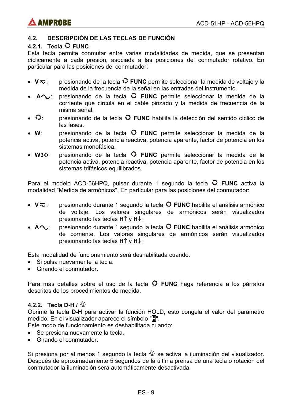 Descripciòn de las teclas de funciòn, Tecla  func, Tecla d-h | Tecla, Func | Amprobe ACD-51HP Power-Quality-Clamp-Ons User Manual | Page 47 / 71