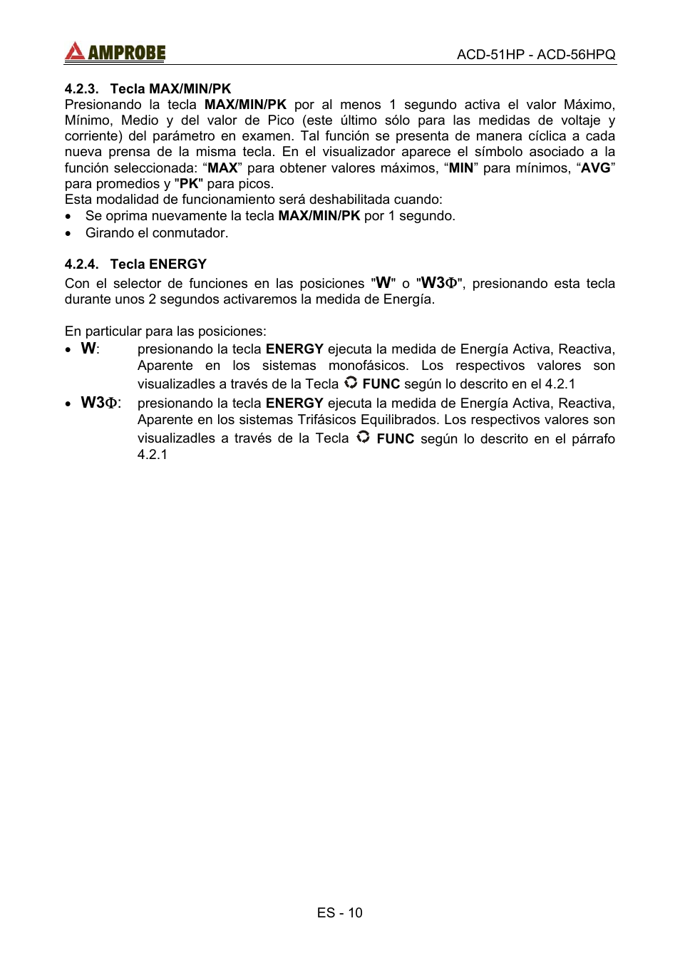 Tecla max/min/pk, Tecla energy | Amprobe ACD-51HP Power-Quality-Clamp-Ons User Manual | Page 48 / 71