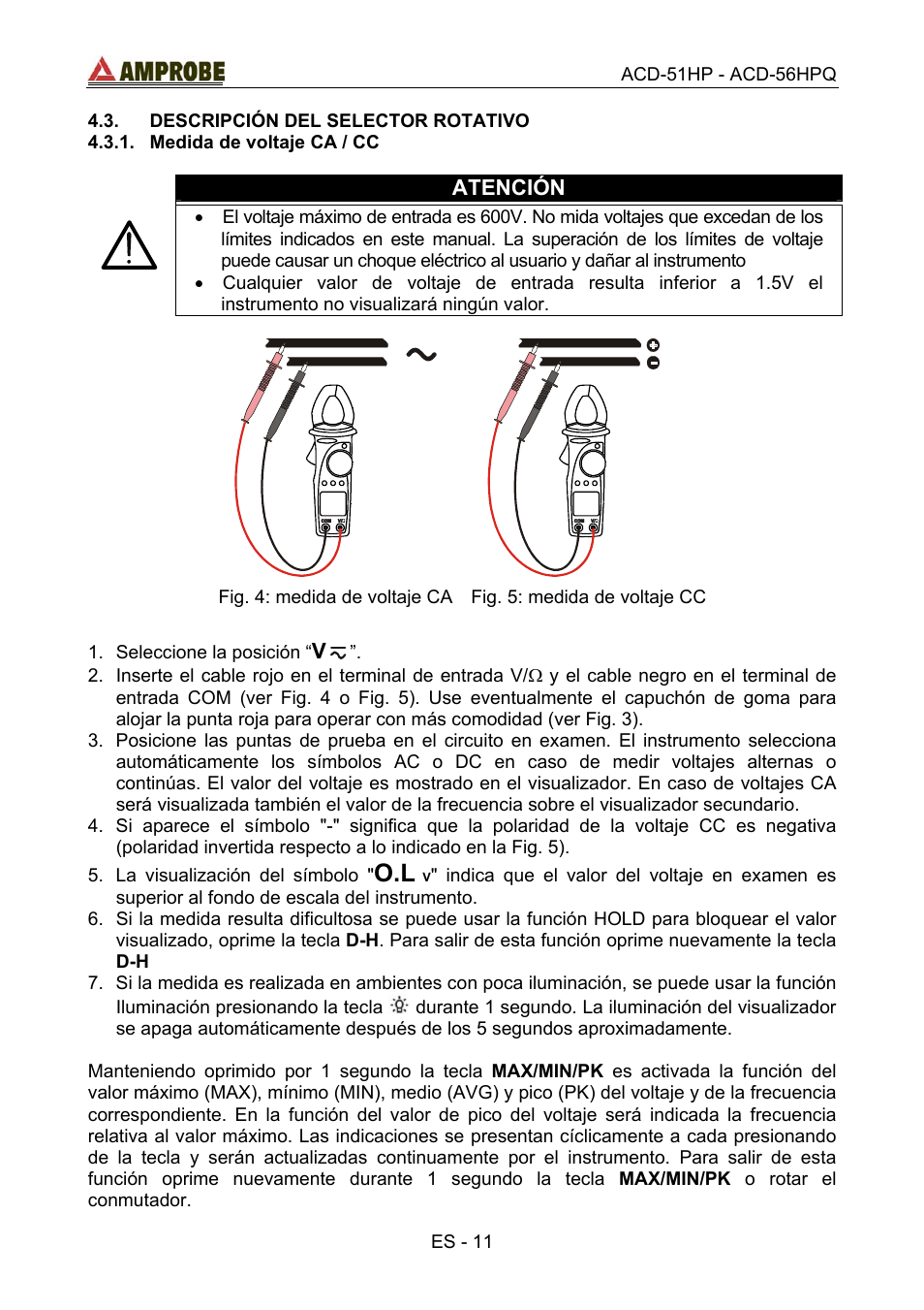 Descripción del selector rotativo, Medida de voltaje ca / cc | Amprobe ACD-51HP Power-Quality-Clamp-Ons User Manual | Page 49 / 71