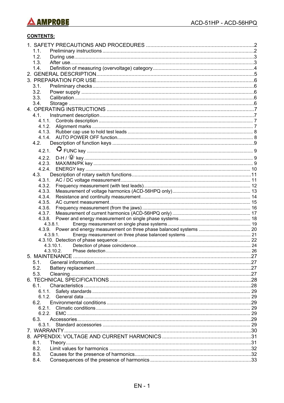 Amprobe ACD-51HP Power-Quality-Clamp-Ons User Manual | Page 5 / 71