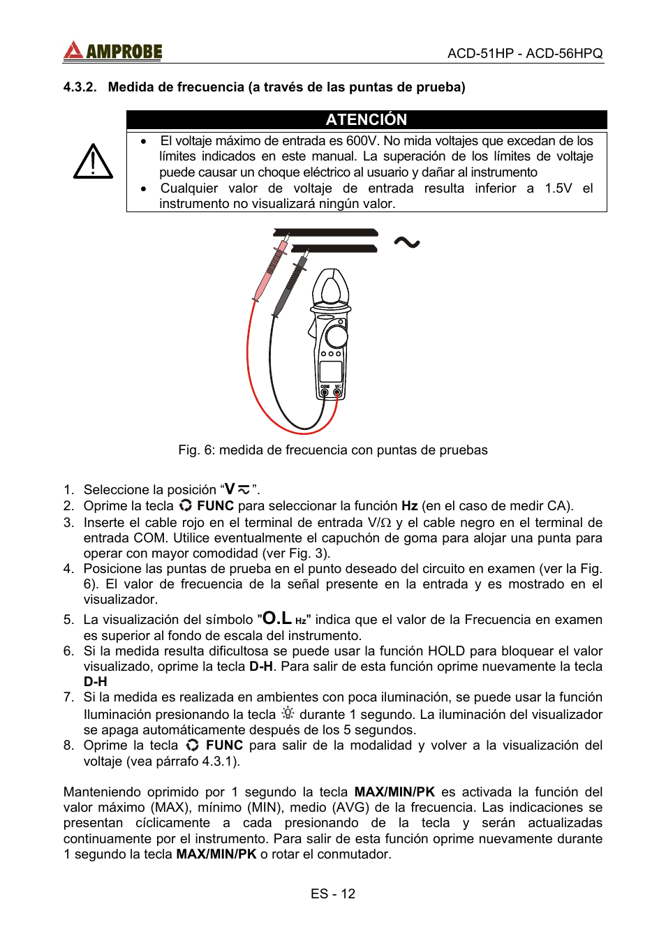 Medida de frecuencia \(a través de las puntas d | Amprobe ACD-51HP Power-Quality-Clamp-Ons User Manual | Page 50 / 71
