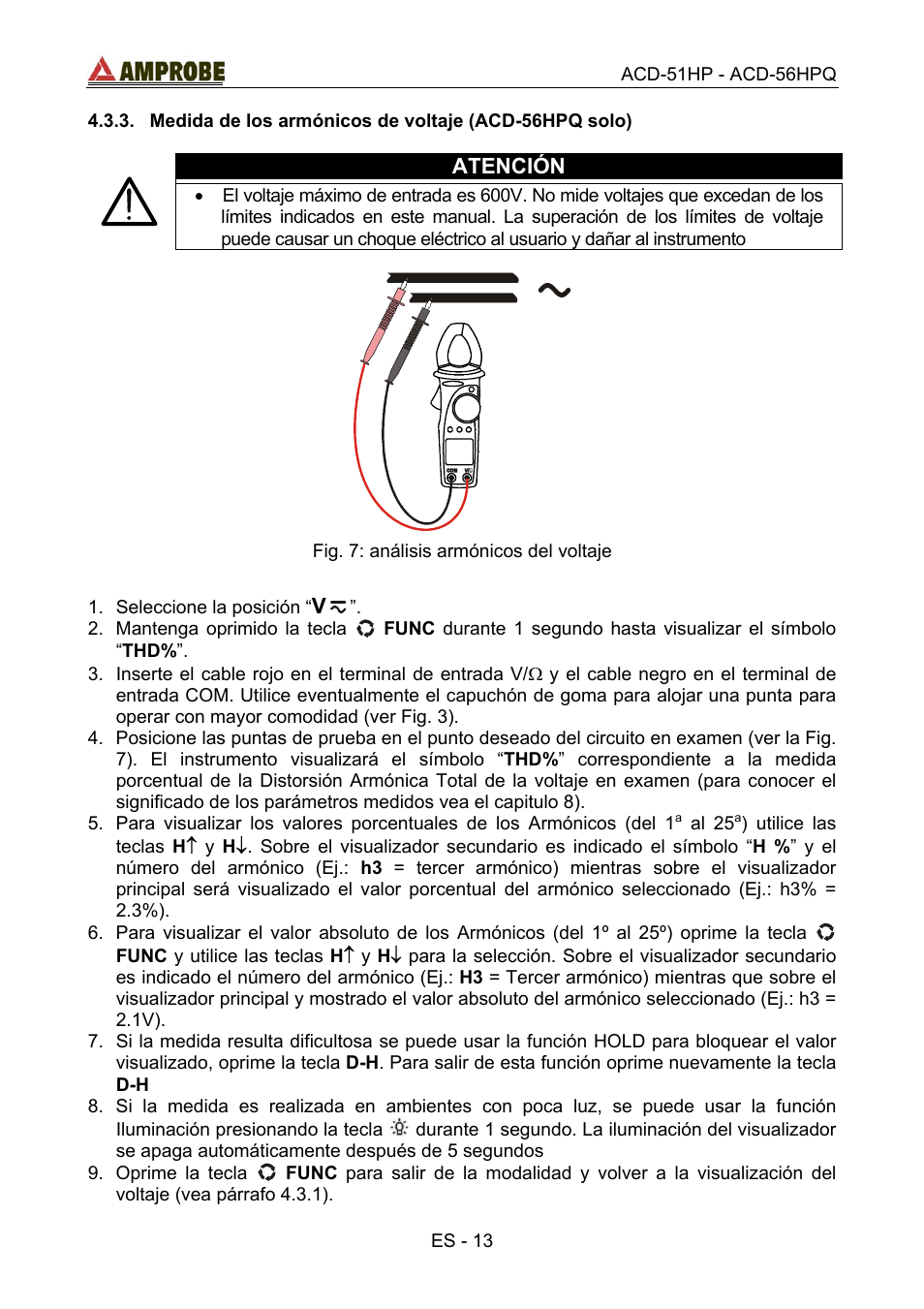 Medida de los armónicos de voltaje \(acd-56hpq, Atención | Amprobe ACD-51HP Power-Quality-Clamp-Ons User Manual | Page 51 / 71