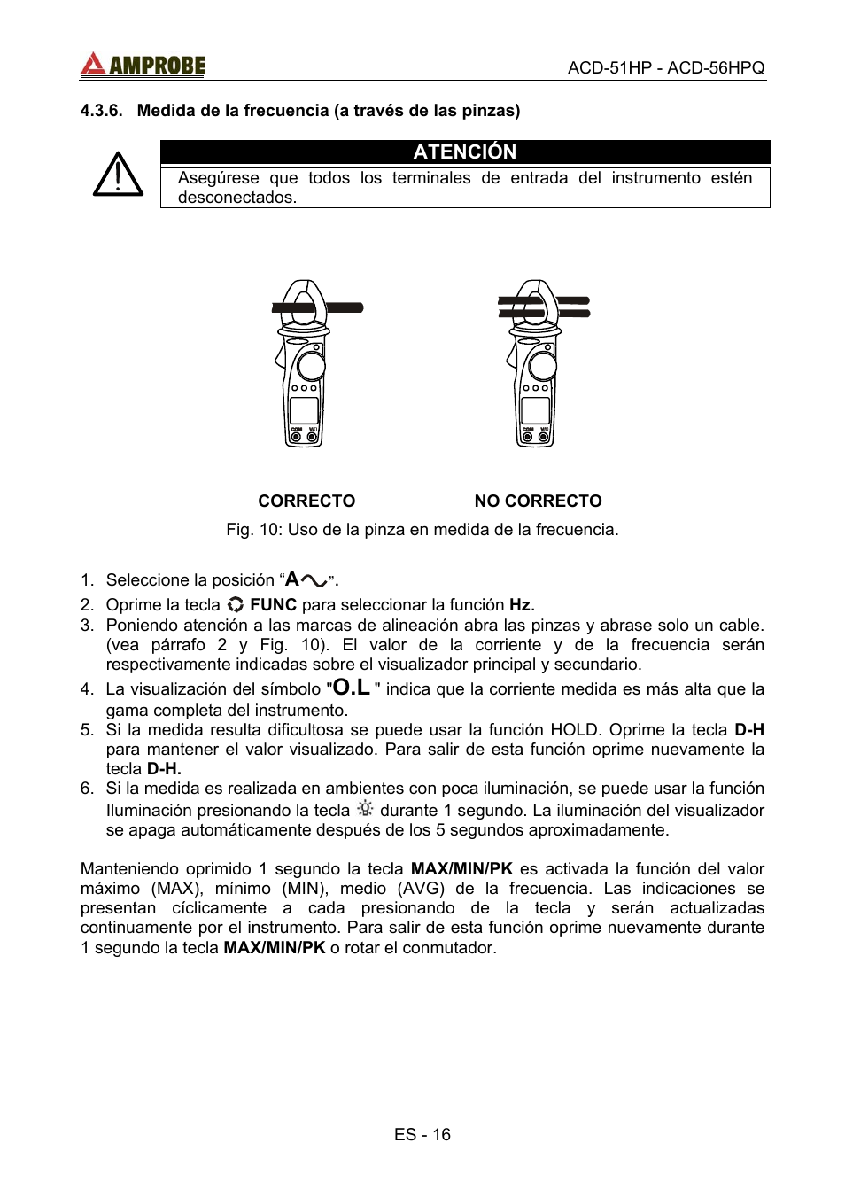 Medida de la frecuencia \(a través de las pinza, Correcto, No correcto | Medida de la frecuencia (a través de las pinzas) | Amprobe ACD-51HP Power-Quality-Clamp-Ons User Manual | Page 54 / 71