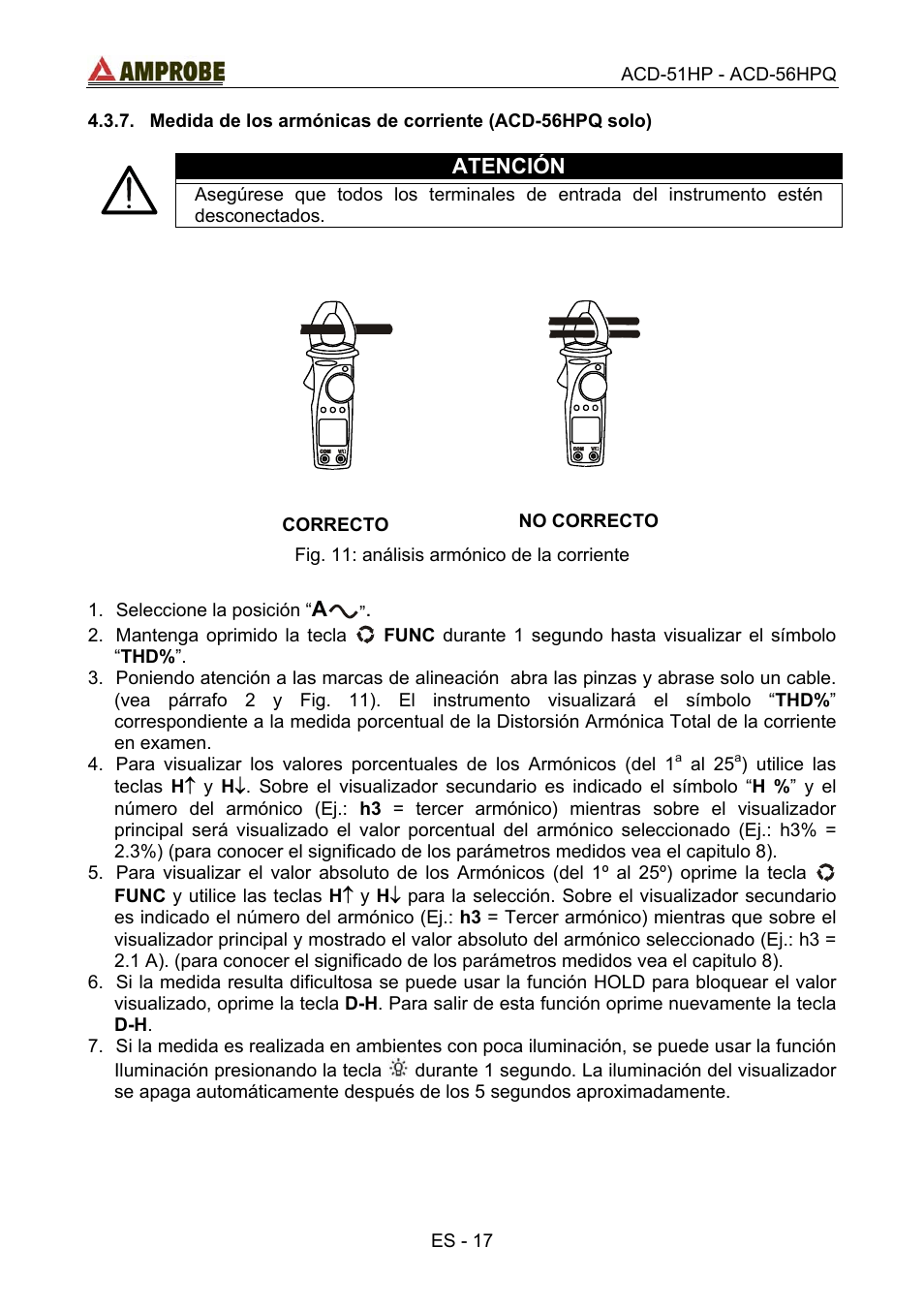 Medida de los armónicas de corriente \(acd-56hp, Correcto, No correcto | Atención | Amprobe ACD-51HP Power-Quality-Clamp-Ons User Manual | Page 55 / 71