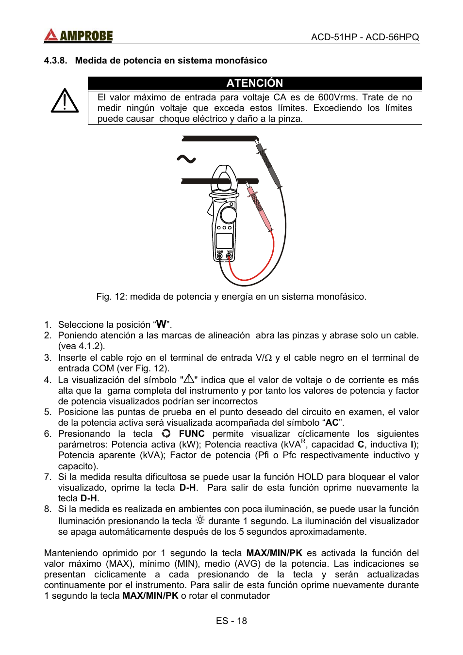 Medida de potencia en sistema monofásico, Atención | Amprobe ACD-51HP Power-Quality-Clamp-Ons User Manual | Page 56 / 71