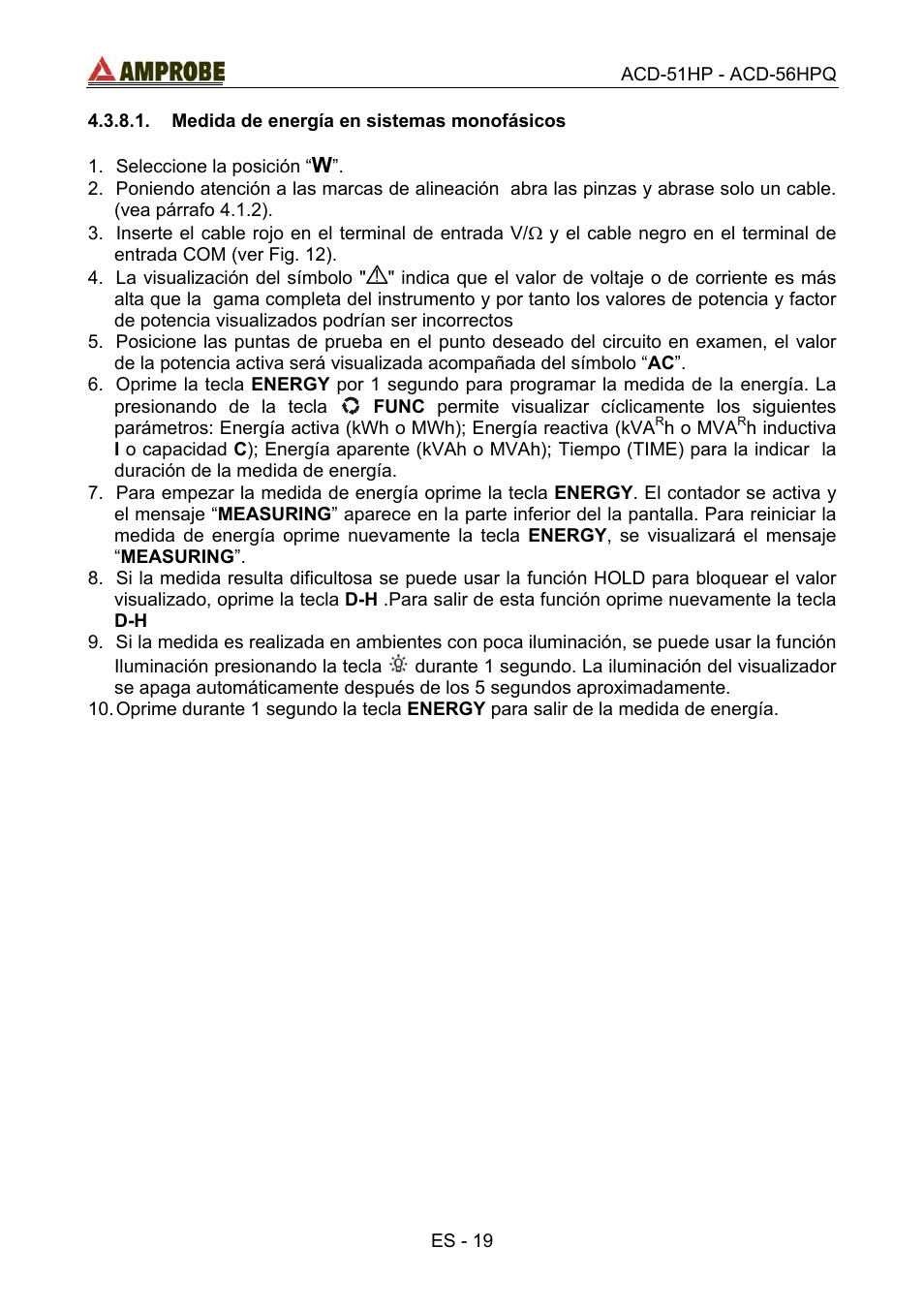 Medida de energía en sistemas monofásicos | Amprobe ACD-51HP Power-Quality-Clamp-Ons User Manual | Page 57 / 71