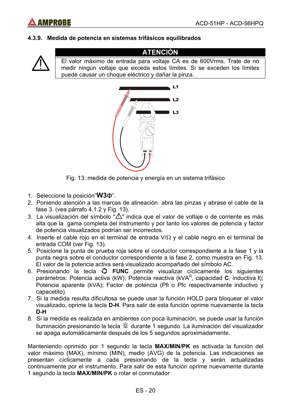 Medida de potencia en sistemas trifásicos equili, Atención, W3 φ | Amprobe ACD-51HP Power-Quality-Clamp-Ons User Manual | Page 58 / 71