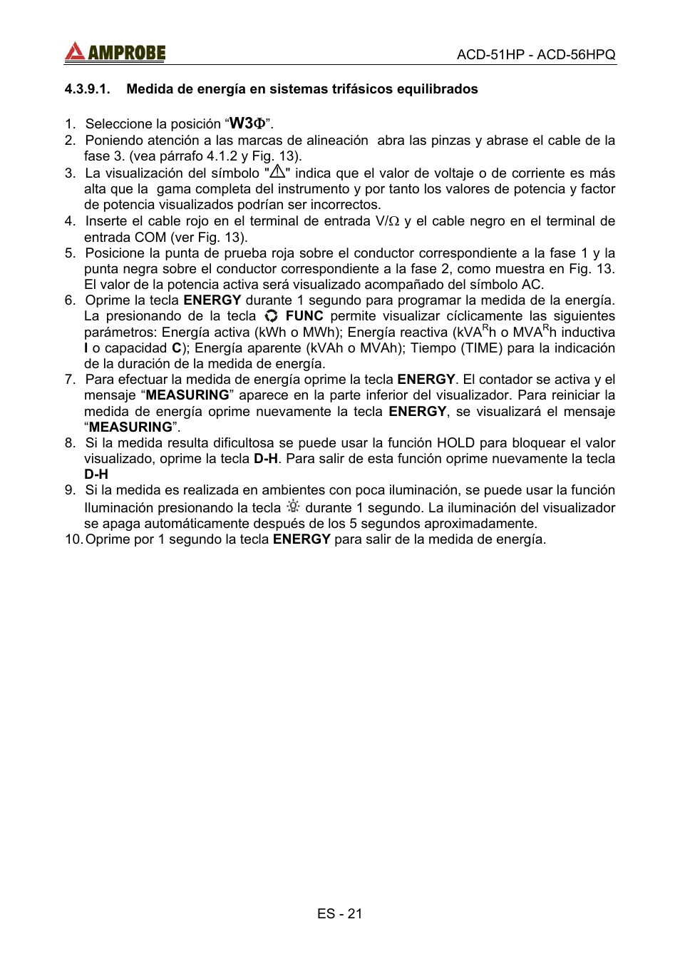 Medida de energía en sistemas trifásicos equilib | Amprobe ACD-51HP Power-Quality-Clamp-Ons User Manual | Page 59 / 71