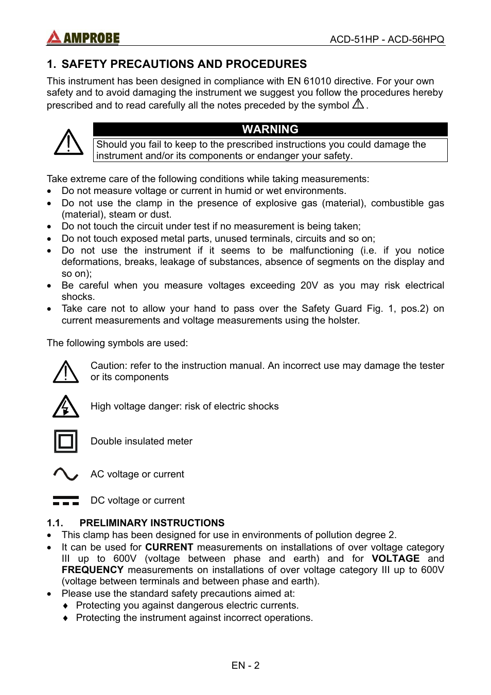 Safety precautions and procedures, Preliminary instructions, Warning | Amprobe ACD-51HP Power-Quality-Clamp-Ons User Manual | Page 6 / 71